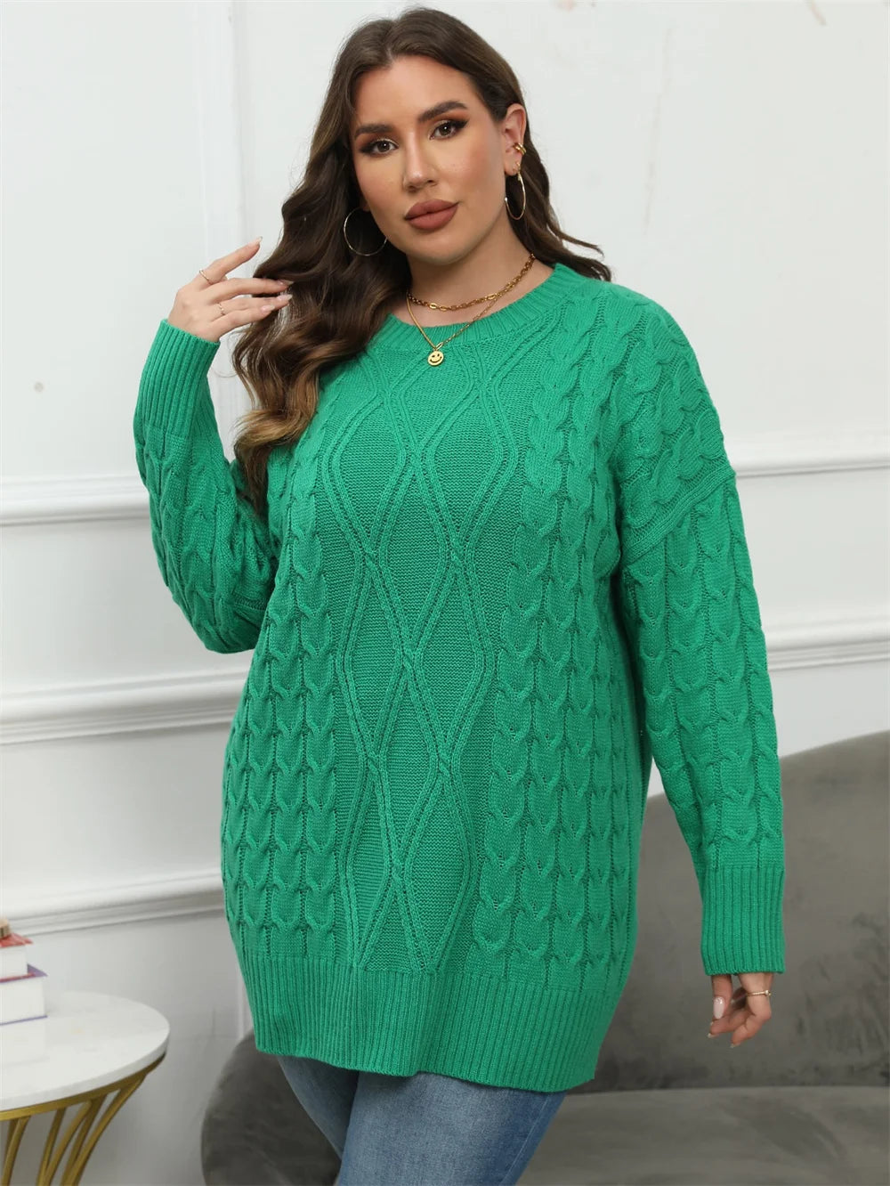 Cable-Knit Longline Crew-Neck Sweater