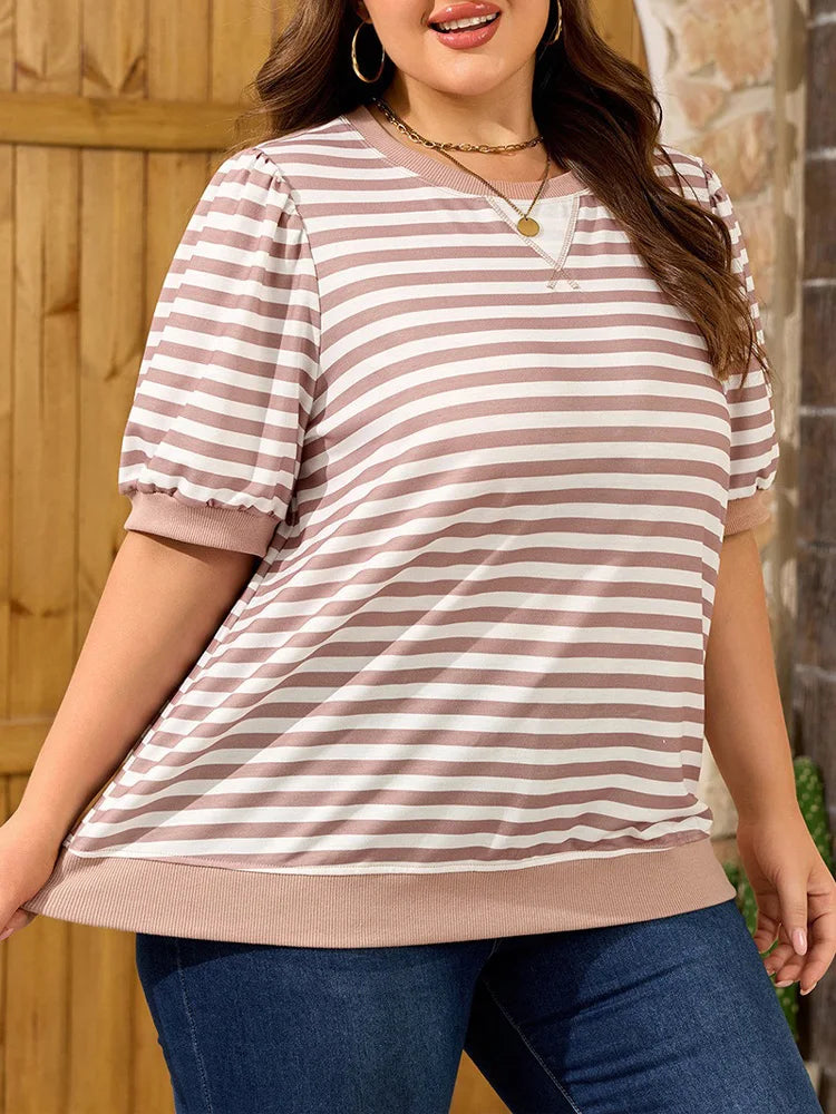 Striped Puff-Sleeve Crew-Neck Top