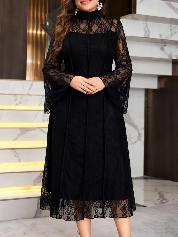 High-Neck Lace A-Line Midi Dress