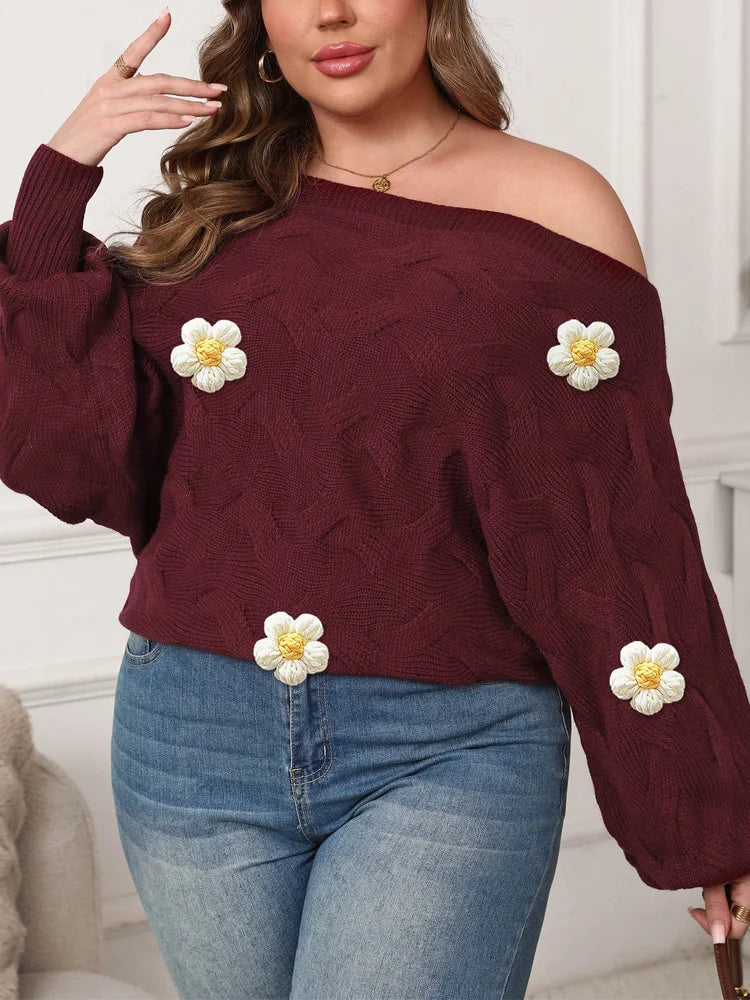 Colorful Floral-Appliqué Textured Sweater