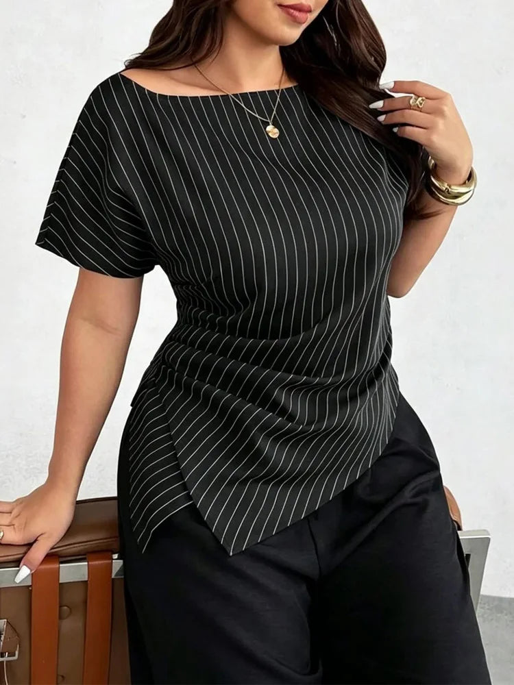 Pinstripe Asymmetric-Hem Blouse