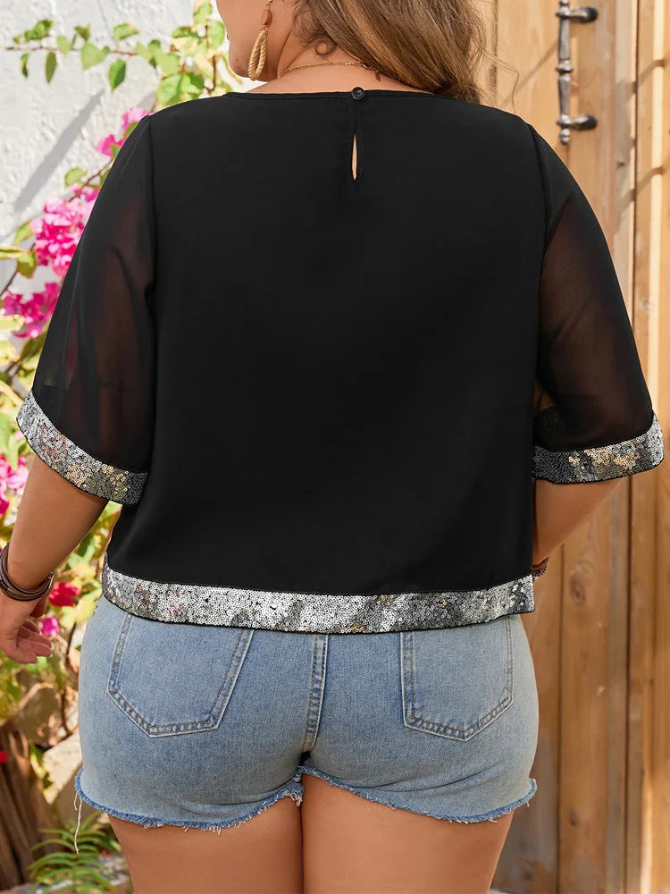 Sequin-Trim Asymmetric Sheer Top