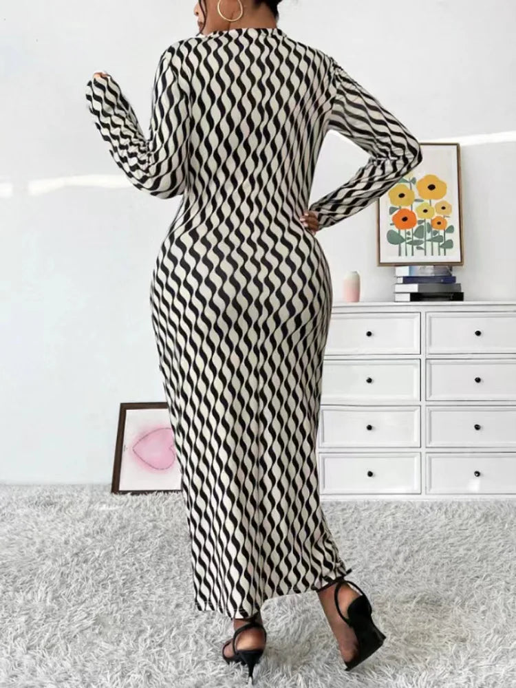 Wave-Print Mock-Neck Column Dress
