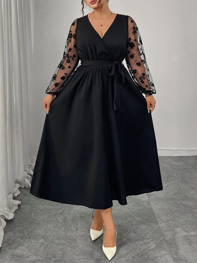 Floral-Mesh Sleeve Wrap Maxi Dress