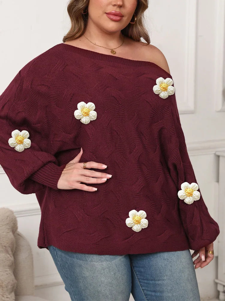 Colorful Floral-Appliqué Textured Sweater