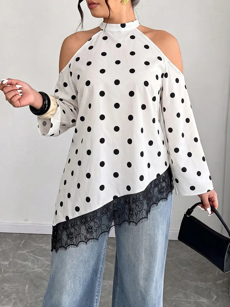 Polka-Dot Cold-Shoulder Lace Blouse