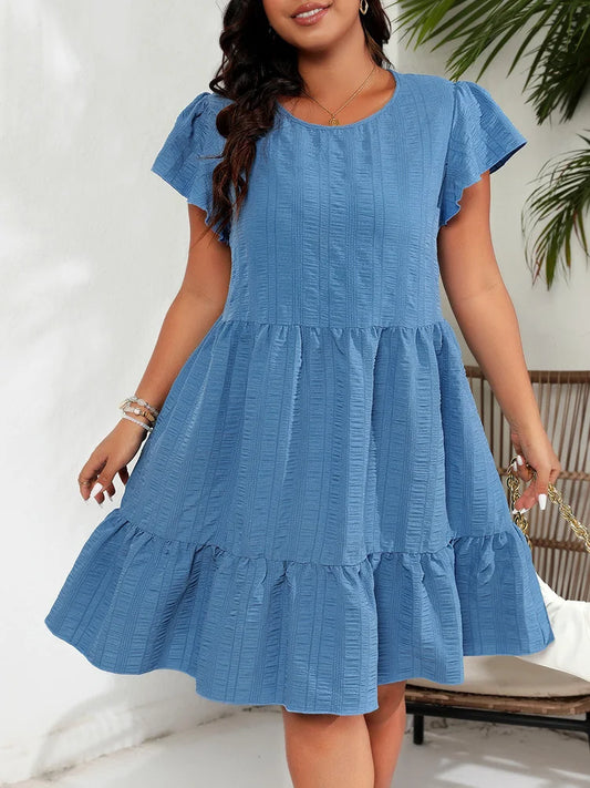 Textured Flutter-Sleeve Tiered Dress