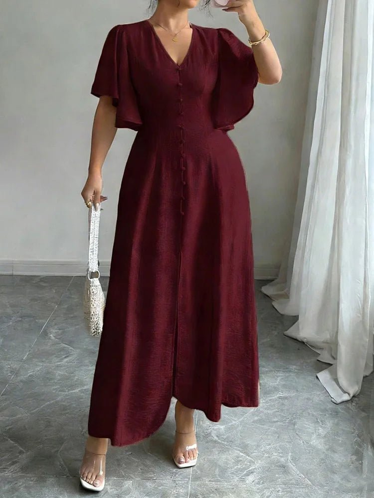 Button-Front Butterfly-Sleeve Maxi Dress