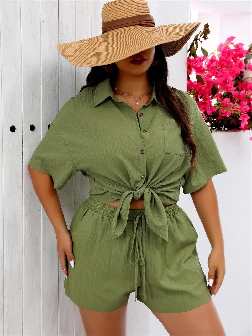 Pocket Shirt & Drawstring Shorts Set
