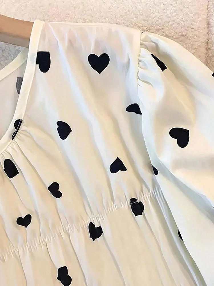 Heart-Print Puff-Sleeve Babydoll Blouse