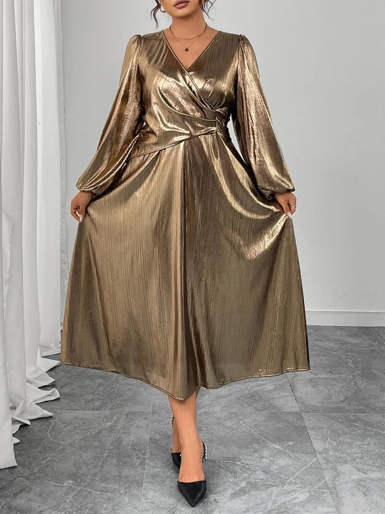 Metallic Wrap A-Line Midi Dress