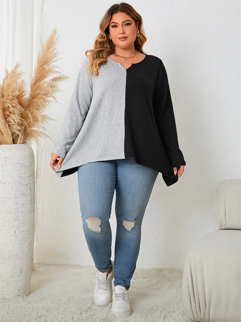 Colorblock Asymmetric-Hem Long-Sleeve Top