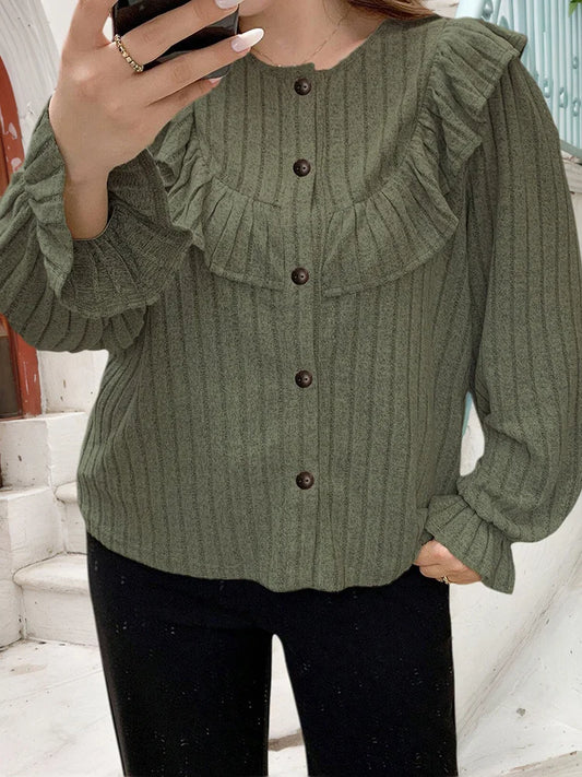 Ruffle-Yoke Ribbed Button-Front Top