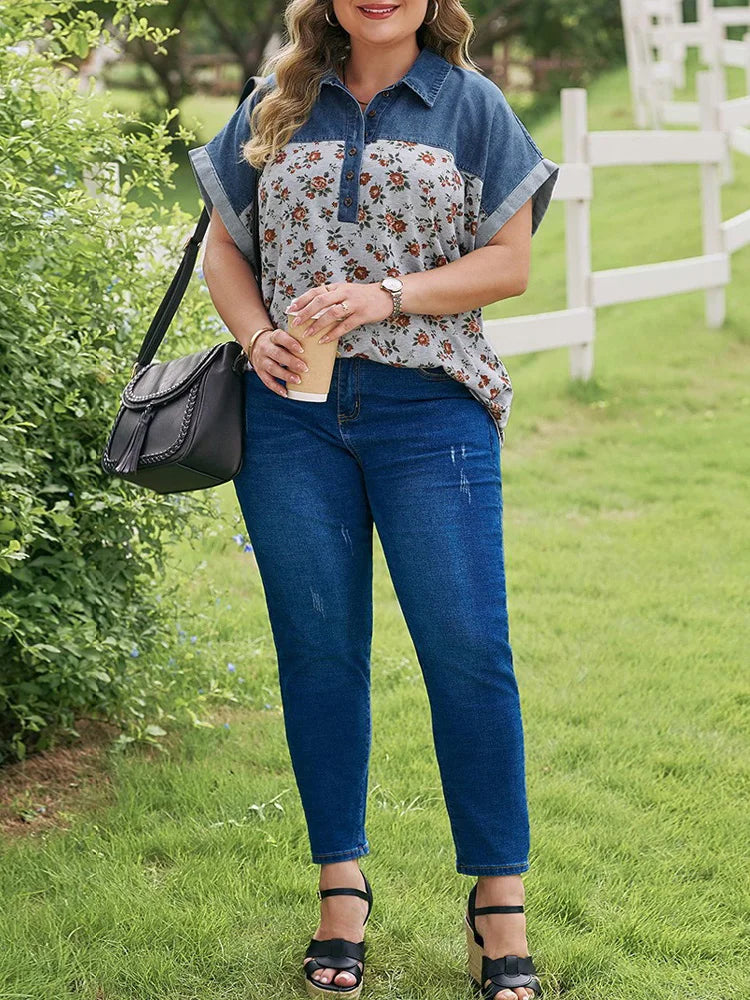 Floral Denim-Look Polo Blouse