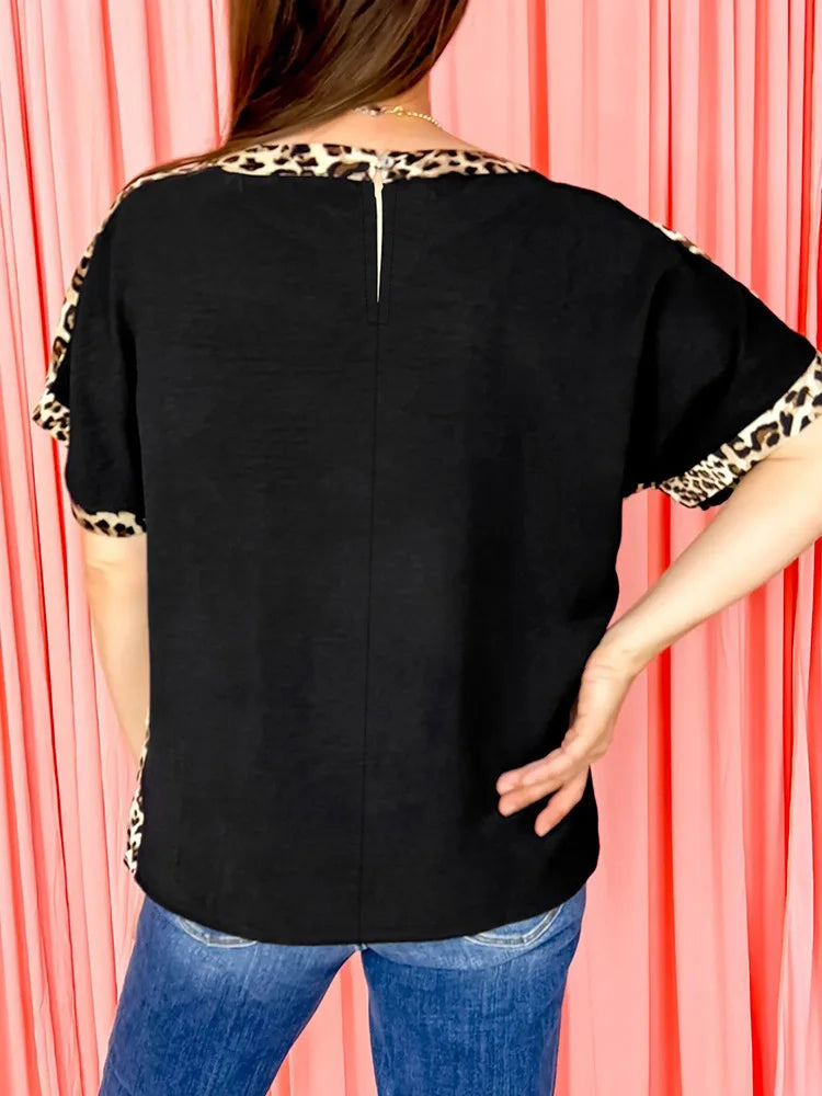 Leopard-Trim Dolman-Sleeve Top