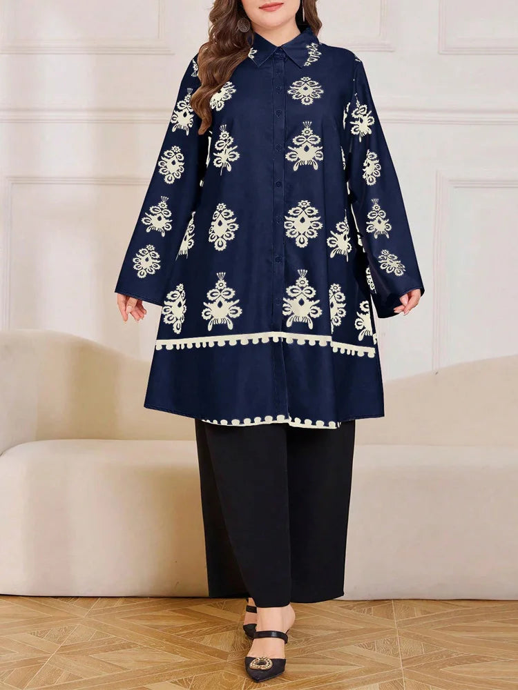Motif Button Tunic & Wide-Leg Pants Set