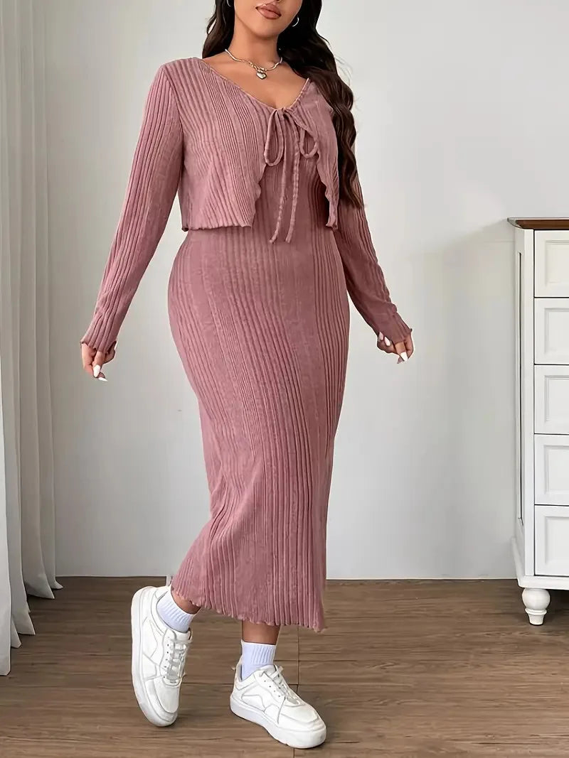 Ribbed Tie-Front Cardigan & Maxi Dress Set
