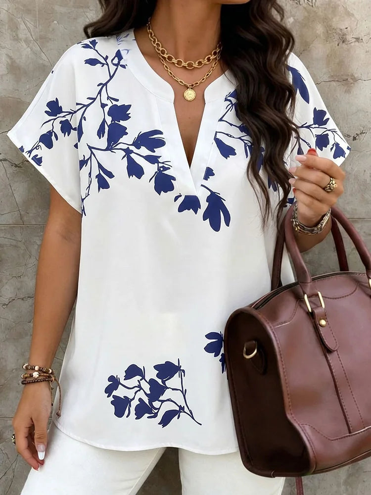 Blue-Floral Split-Neck Blouse