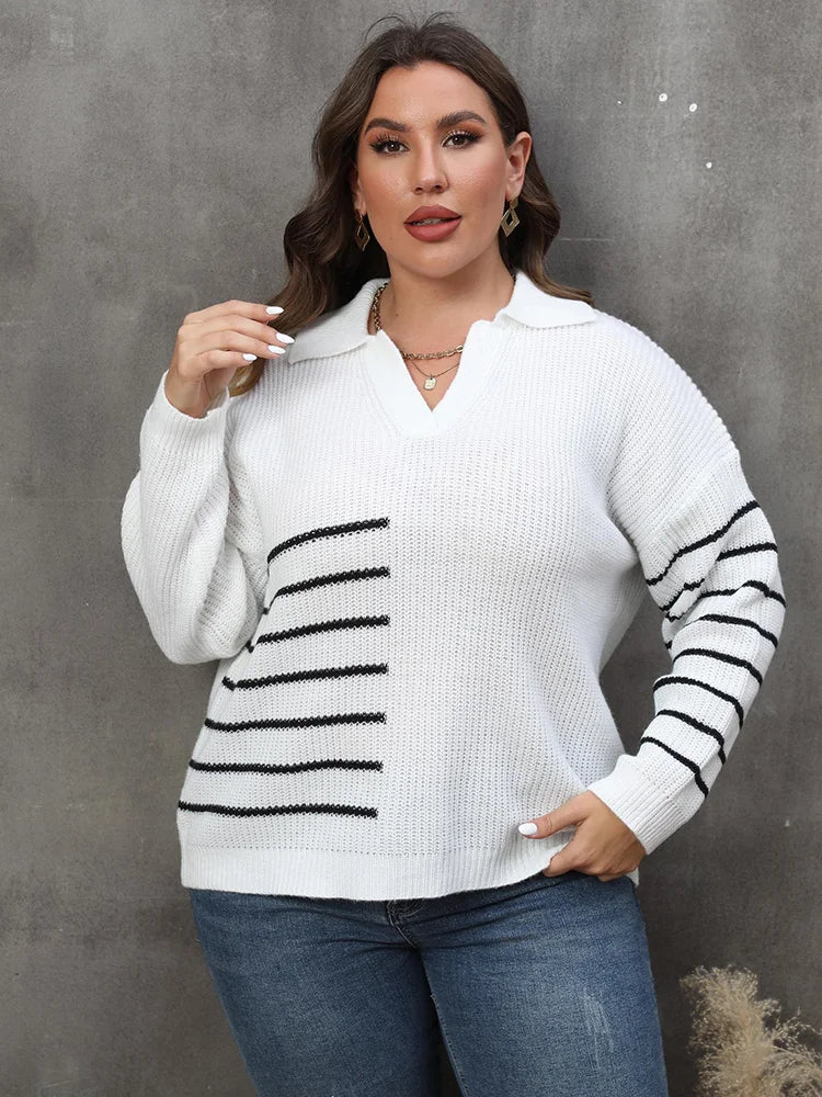 Asymmetric-Stripe Polo-Collar Sweater