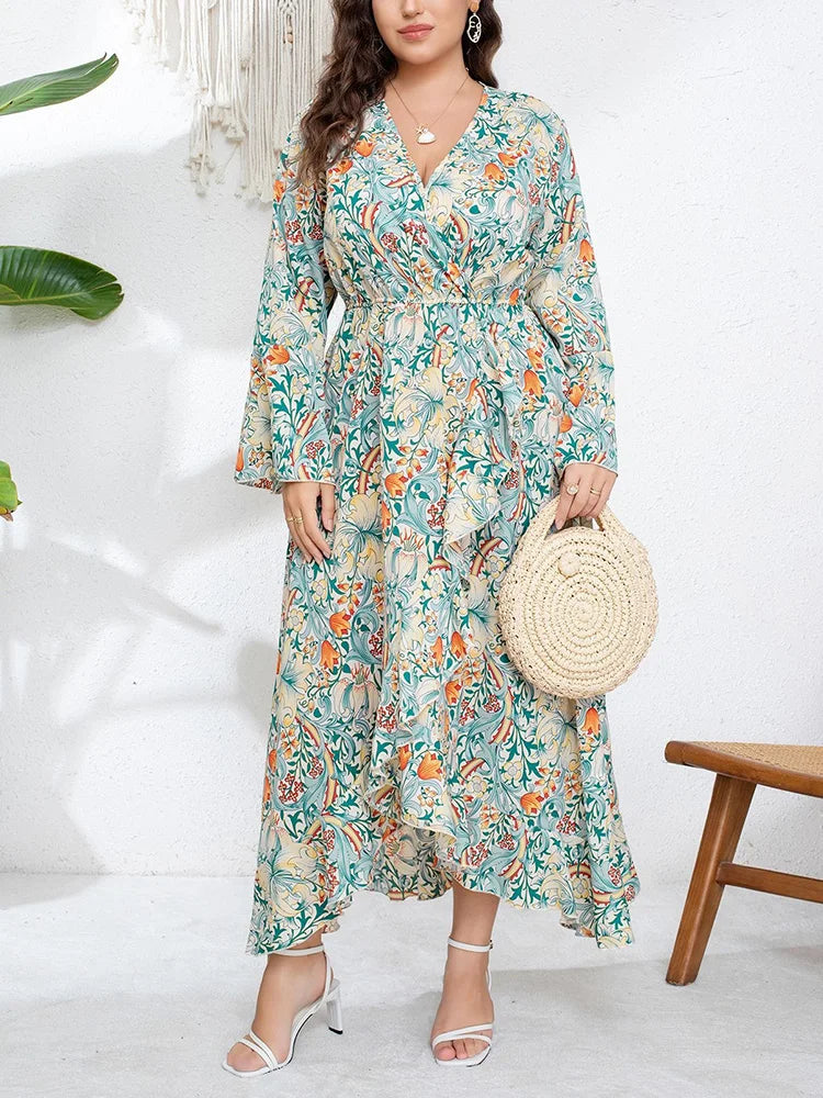 Botanical Ruffle-Hem Wrap Maxi Dress