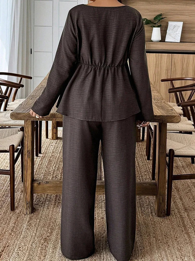 Square-Neck Peplum Top & Wide-Leg Pants Set