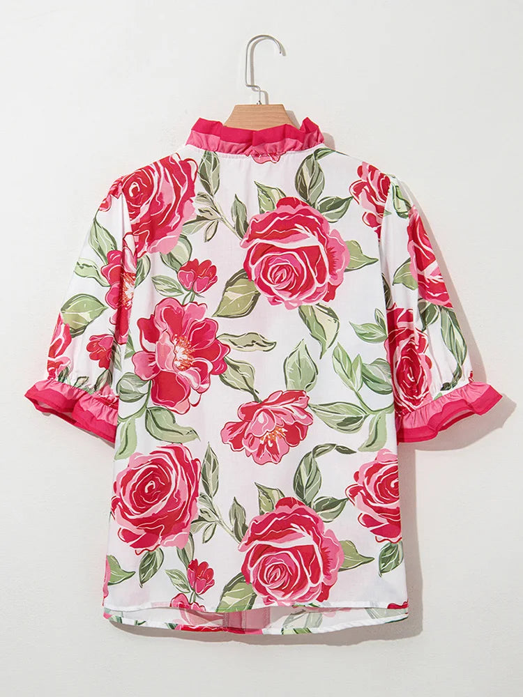 Rose-Print Ruffle-Trim Blouse