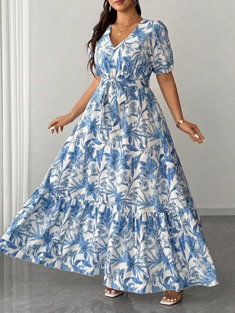 Botanical Puff-Sleeve Belted Maxi Dress