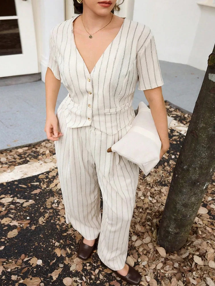 Striped Button Vest & Wide-Leg Pants Set