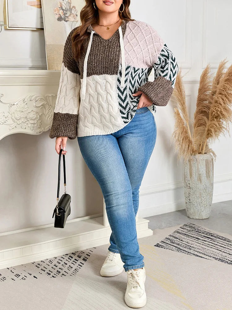 Mixed-Pattern Drawstring-Hood Sweater