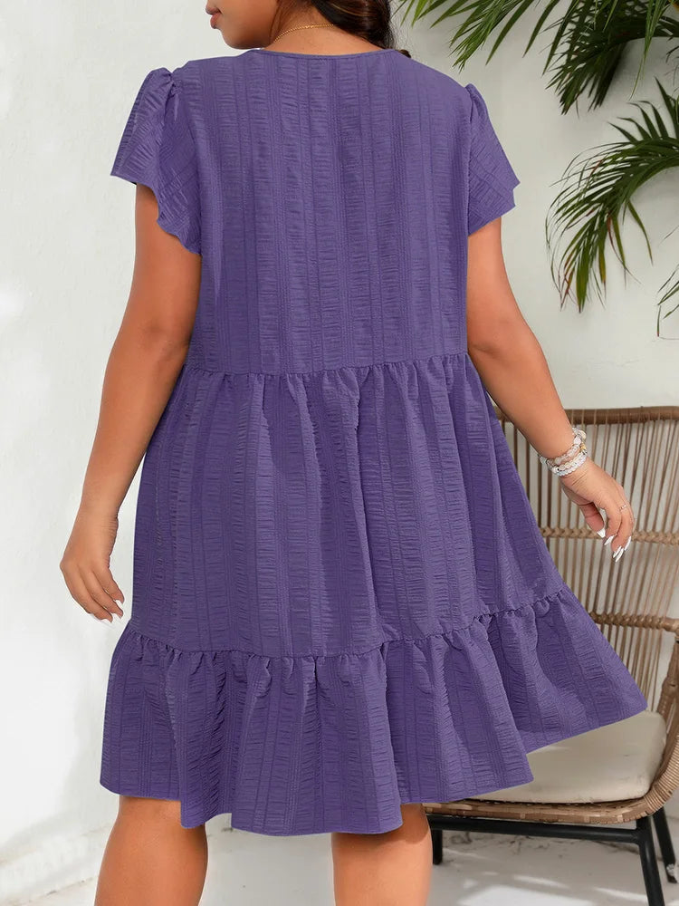 Textured Flutter-Sleeve Tiered Dress