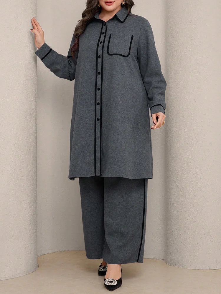 Contrast-Piped Longline Shirt & Wide-Leg Pants Set