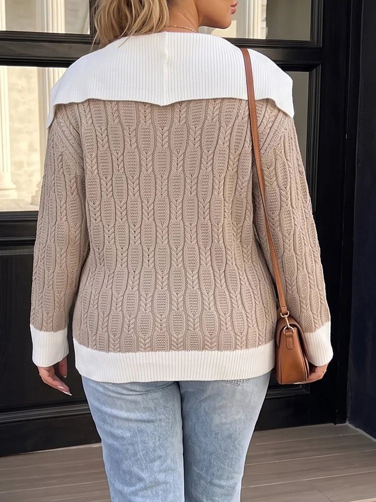 Contrast-Collar Cable-Knit Layered Sweater