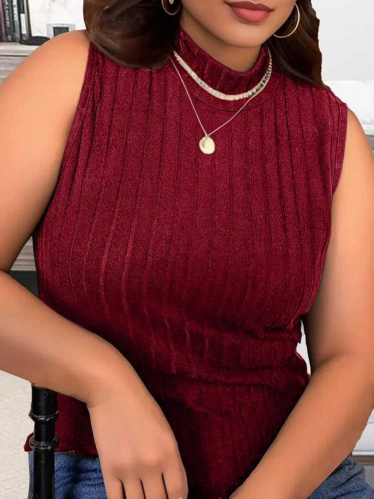 Mock-Neck Ribbed Sleeveless Top