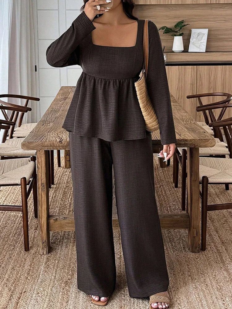 Square-Neck Peplum Top & Wide-Leg Pants Set