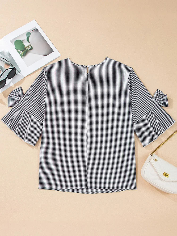 Gingham Bow-Sleeve Blouse