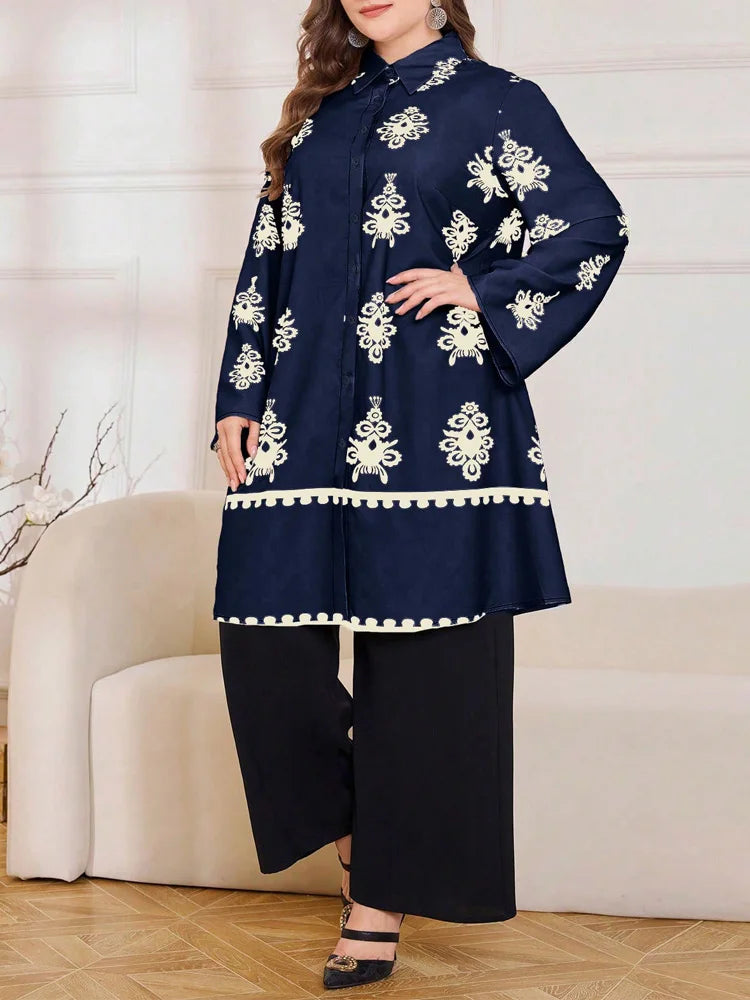 Motif Button Tunic & Wide-Leg Pants Set