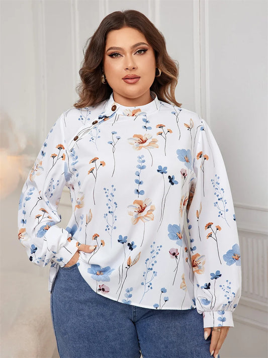 Floral Asymmetric-Button Blouse