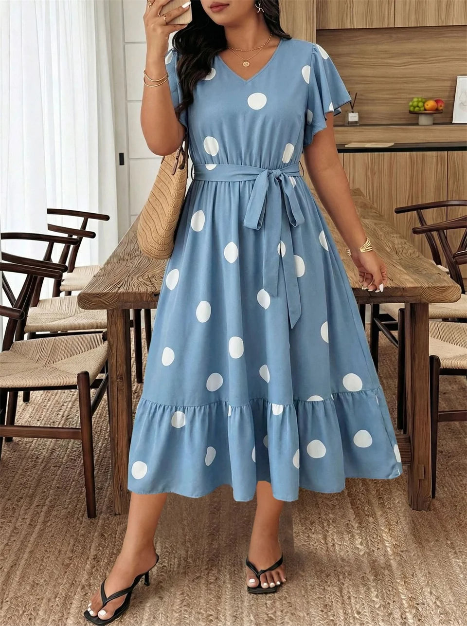 Polka-Dot Flutter-Sleeve Midi Dress