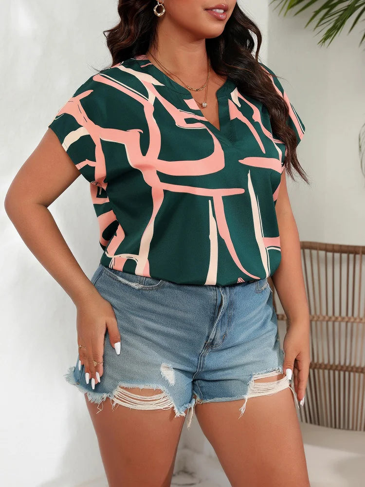 Abstract-Print Split-Neck Blouse