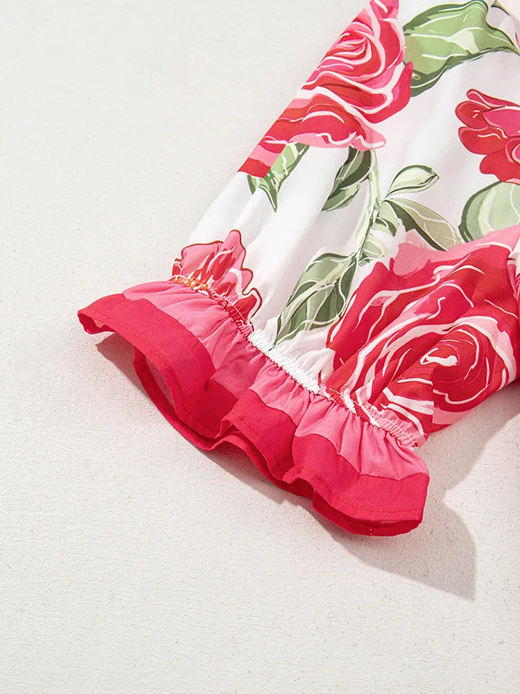 Rose-Print Ruffle-Trim Blouse