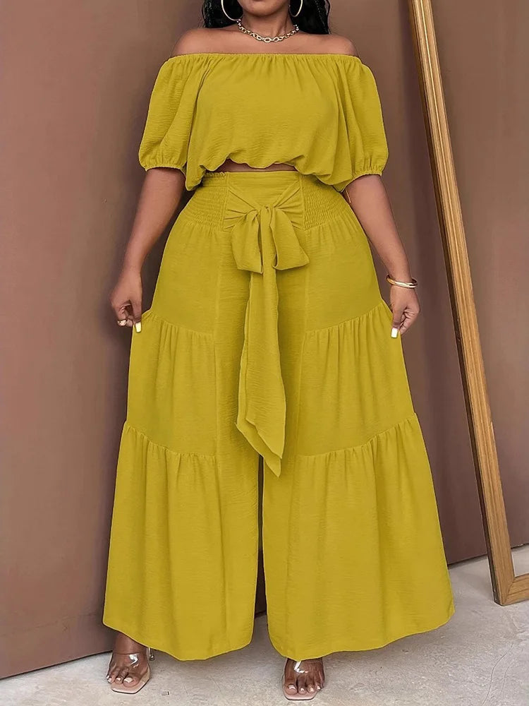 Off-Shoulder Top & Tiered Wide-Leg Pants Set