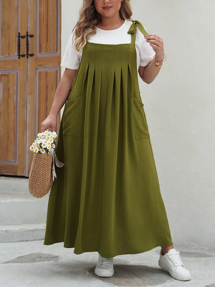 Tie-Shoulder Pocketed Pinafore Maxi Dress