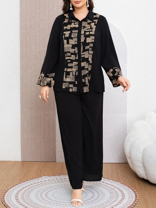 Geometric-Panel Shirt & Wide-Leg Pants Set
