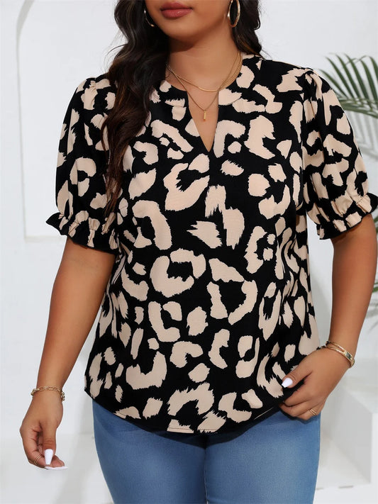 Abstract-Print Puff-Sleeve Blouse