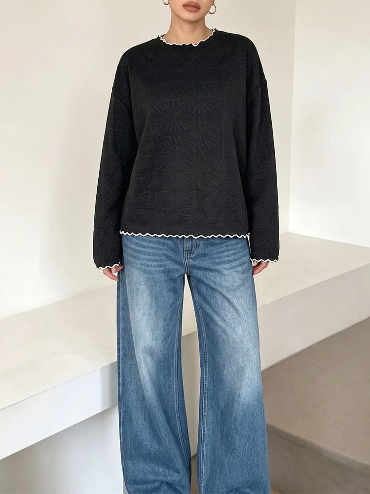 Textured Contrast-Piped Long-Sleeve Top
