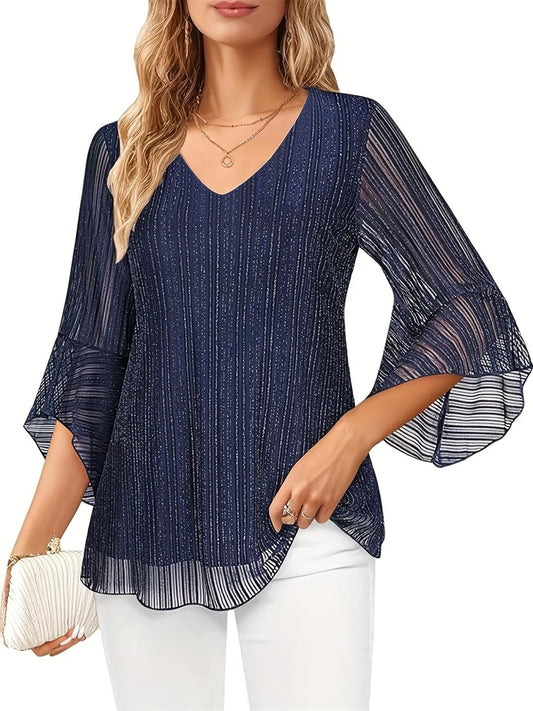 Shimmer-Stripe Flared-Sleeve Blouse