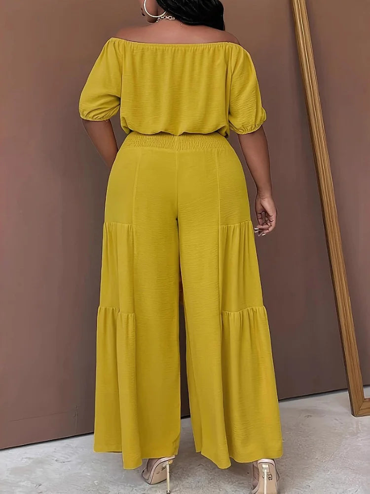 Off-Shoulder Top & Tiered Wide-Leg Pants Set