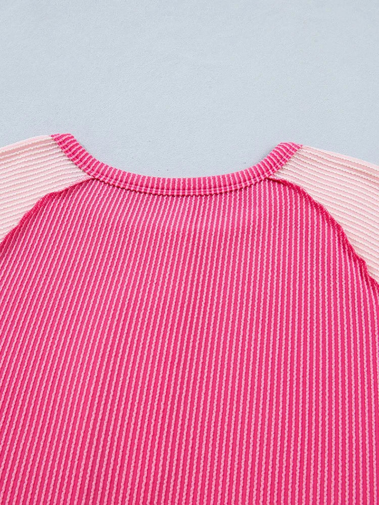 Colorblock-Sleeve Ribbed Henley Top