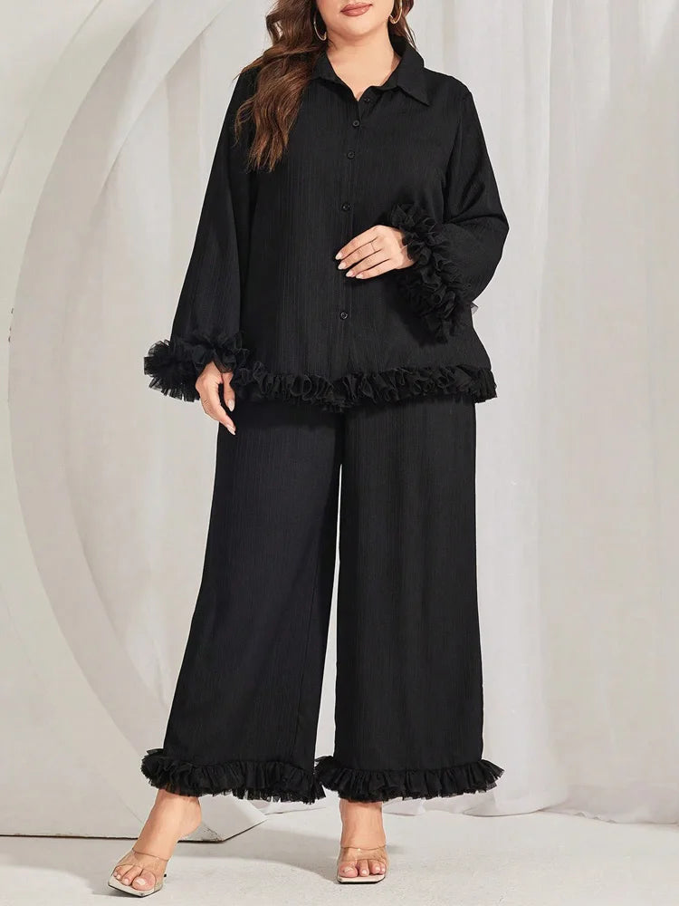 Ruffle-Trim Shirt & Wide-Leg Pants Set