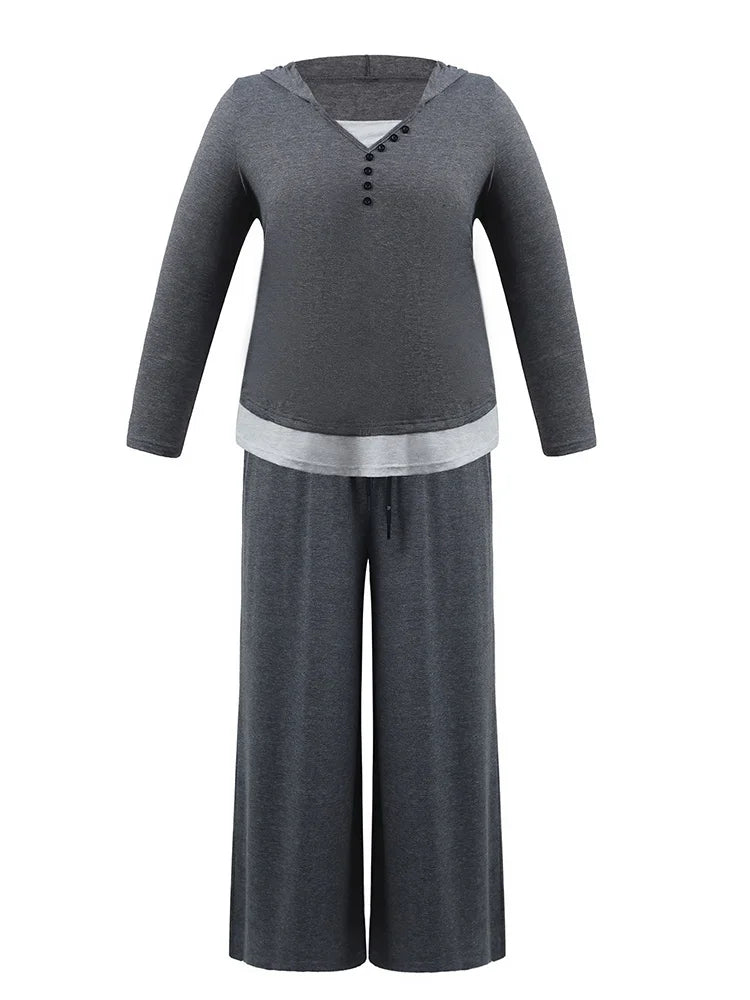 Hooded Henley Top & Flared Pants Set